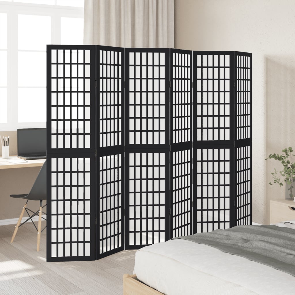 Room Divider 6 Panels Black Solid Wood Paulownia